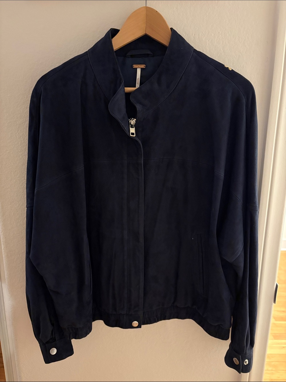 Free People Navy Suede Embroidered Bomber Jacket